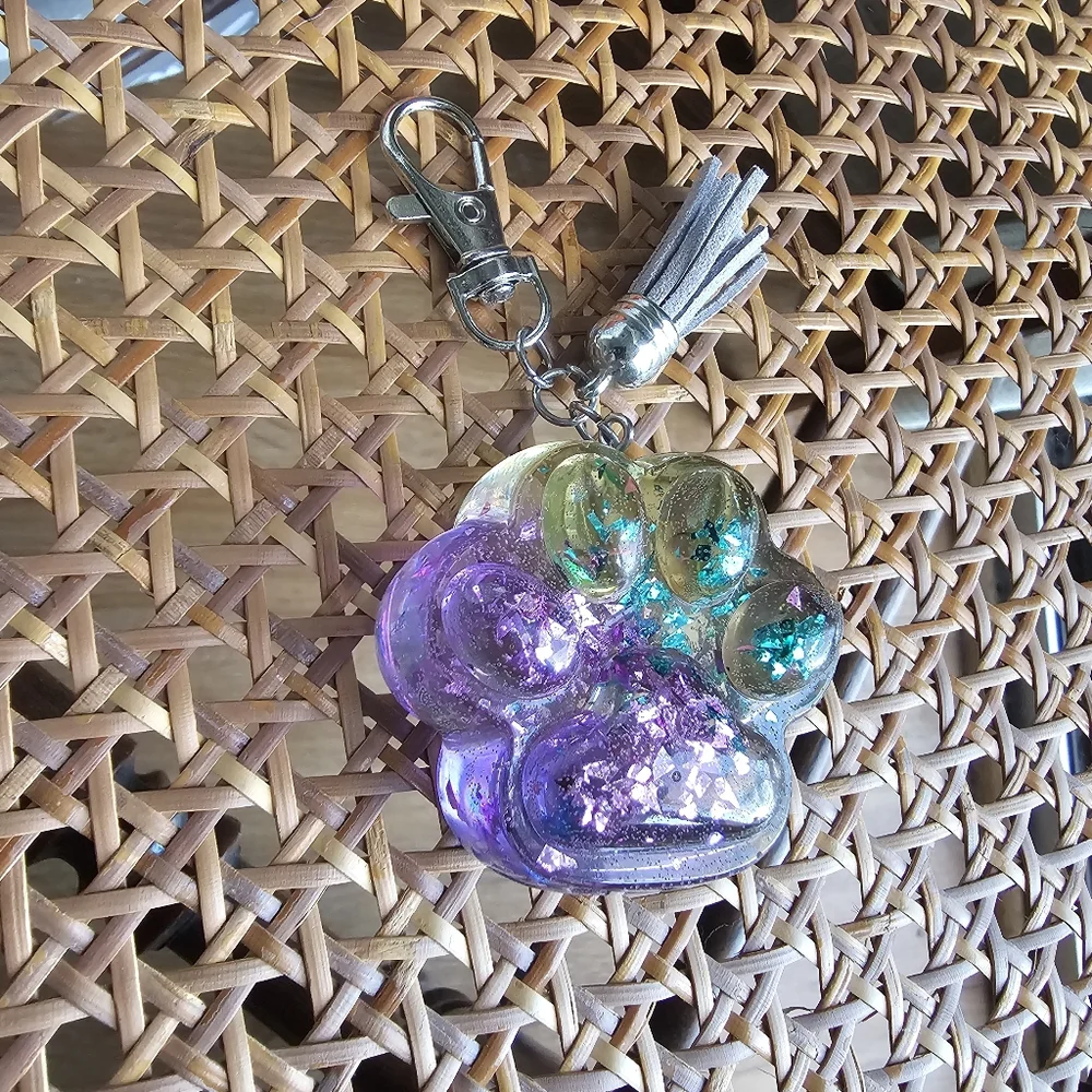 Handmade Beautiful Beacon Resin Purple and Green Paw Purse Charm Key Chain